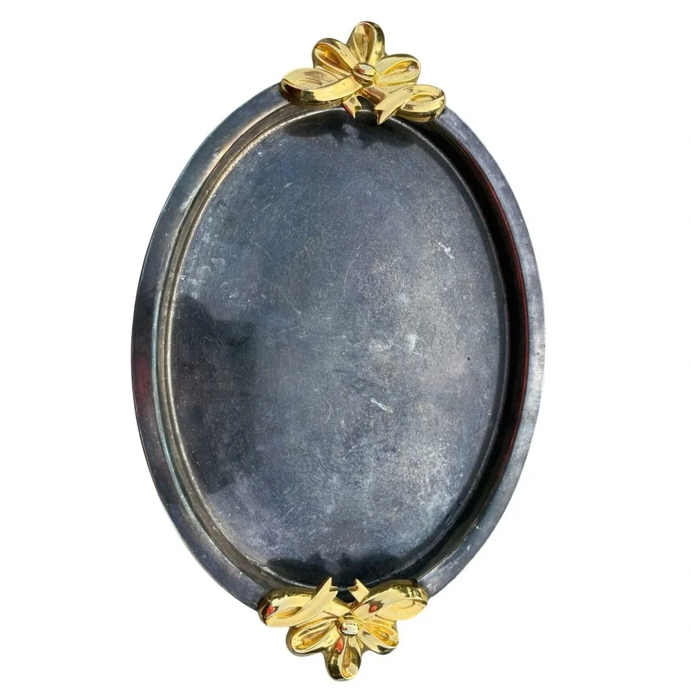 VTG Silver Plated Vanity Tray Gold Tone Tarnished Bow Cottage Core